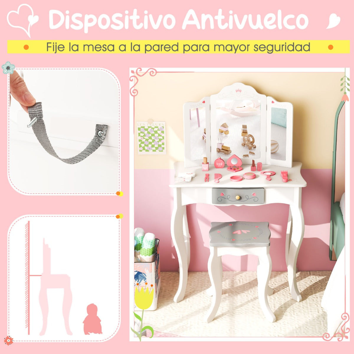 Set de Tocador Infantil 2 en 1 Mesa de Maquillaje con Taburete y Espejo Triple Extraíble para Niños Niñas 3+ Años 60 x 33 x 98,5 cm Blanco