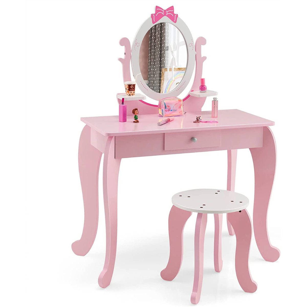 Set Maquillaje 2 en 1 para Niños con Taburete Espejo Extraíble Ovalado Cajón Escritorio Mesa de Tocador Rosa