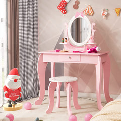 Set Maquillaje 2 en 1 para Niños con Taburete Espejo Extraíble Ovalado Cajón Escritorio Mesa de Tocador Rosa