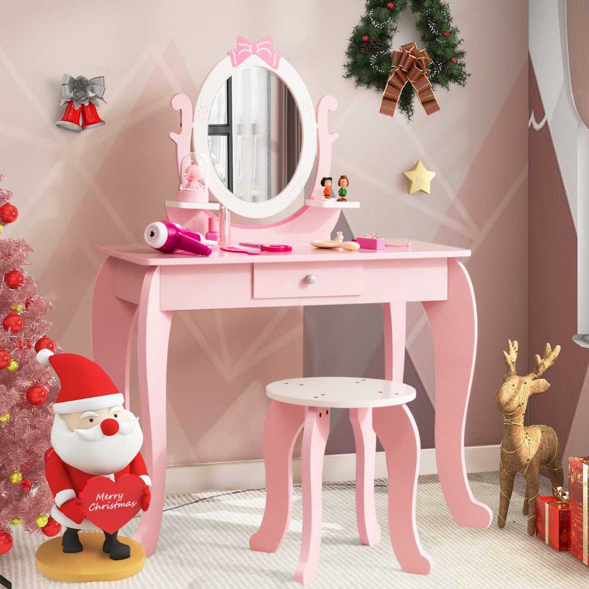 Set Maquillaje 2 en 1 para Niños con Taburete Espejo Extraíble Ovalado Cajón Escritorio Mesa de Tocador Rosa