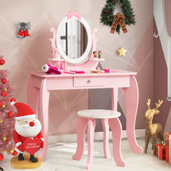 Set Maquillaje 2 en 1 para Niños con Taburete Espejo Extraíble Ovalado Cajón Escritorio Mesa de Tocador Rosa