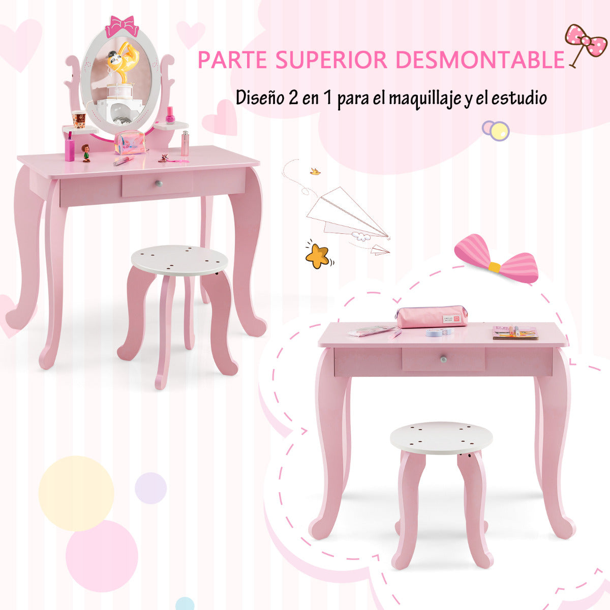 Set Maquillaje 2 en 1 para Niños con Taburete Espejo Extraíble Ovalado Cajón Escritorio Mesa de Tocador Rosa