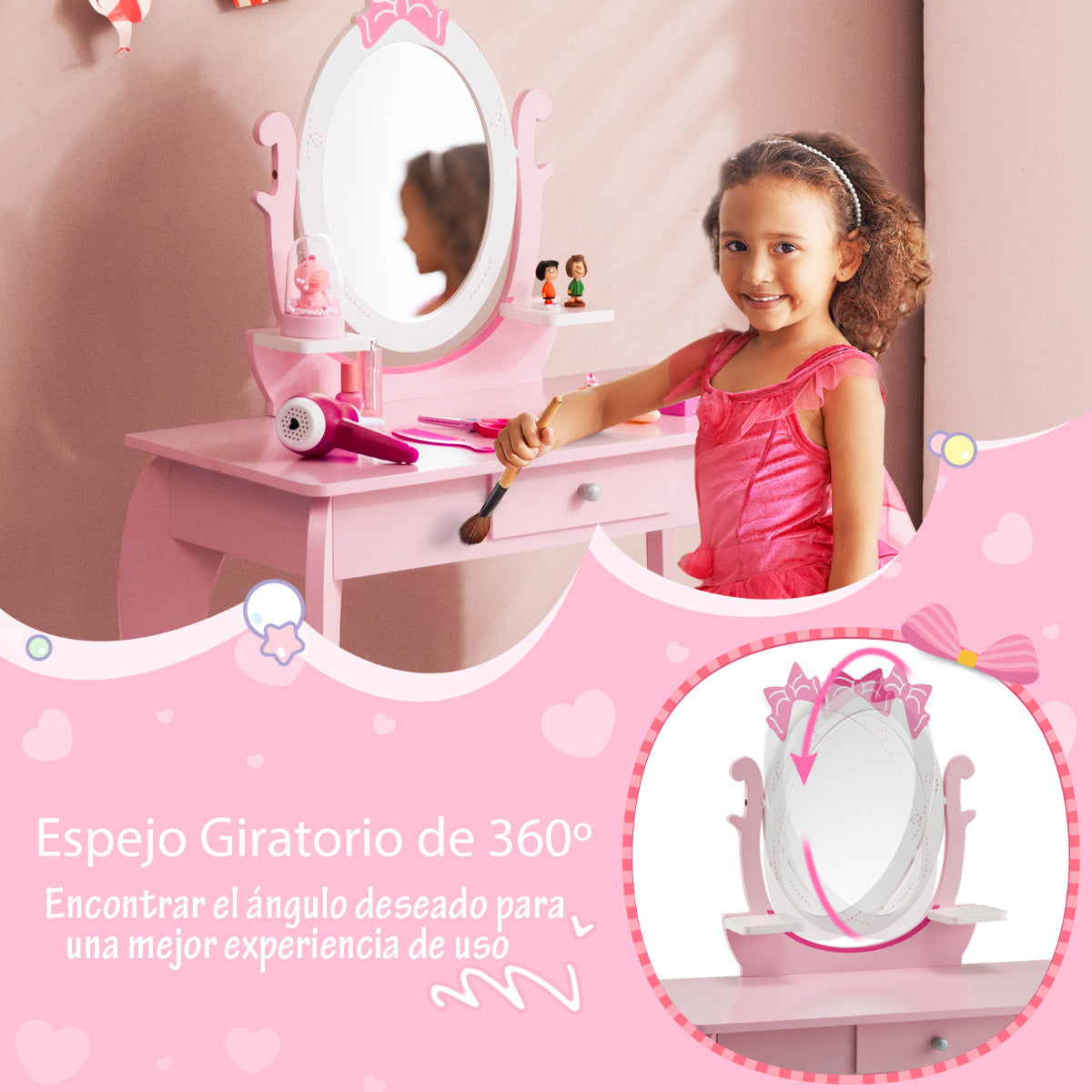 Set Maquillaje 2 en 1 para Niños con Taburete Espejo Extraíble Ovalado Cajón Escritorio Mesa de Tocador Rosa