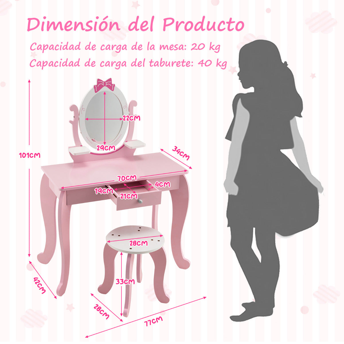 Set Maquillaje 2 en 1 para Niños con Taburete Espejo Extraíble Ovalado Cajón Escritorio Mesa de Tocador Rosa