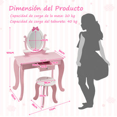 Set Maquillaje 2 en 1 para Niños con Taburete Espejo Extraíble Ovalado Cajón Escritorio Mesa de Tocador Rosa