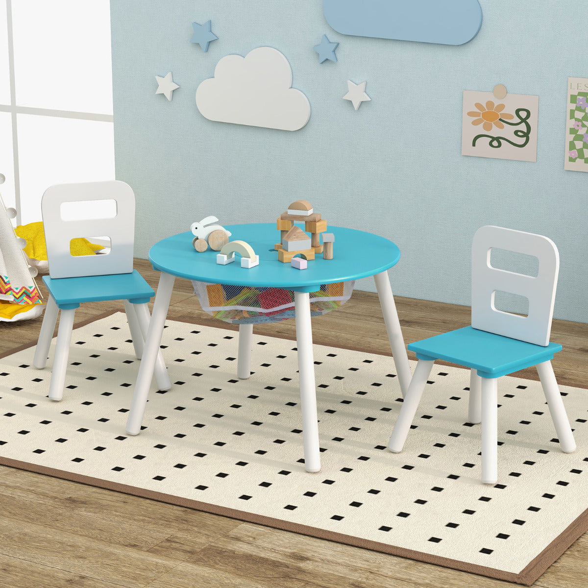 Set Mesa Redonda y Silla para Niños Set 3 Piezas con Mesa Actividad de Madera y Centro de Red Complementos de Decoración Verde