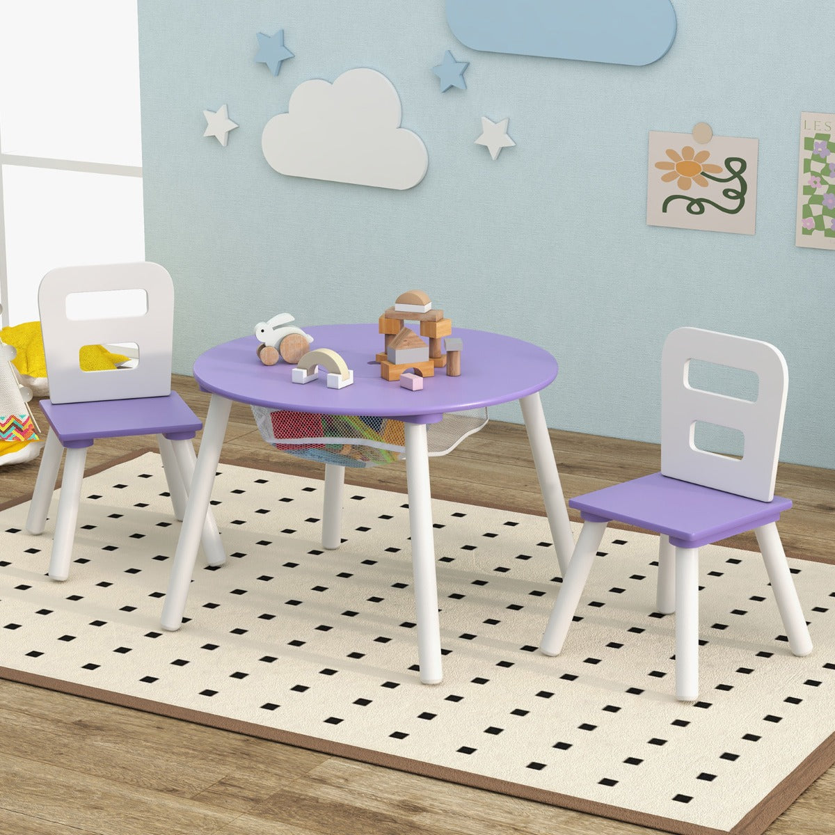 Set Mesa Redonda y Silla para Niños Set 3 Piezas con Mesa Actividad de Madera y Centro de Red Complementos de Decoración Morado