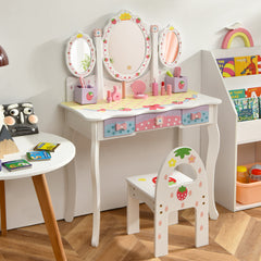 Set Tocador con Espejo Tripartido para Niños Set Mesa Tocador y Silla Taburete para Maquillaje con 3 Cajones Blanco