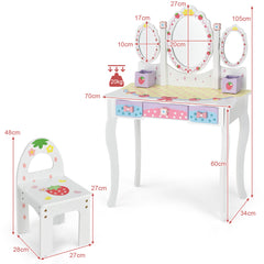 Set Tocador con Espejo Tripartido para Niños Set Mesa Tocador y Silla Taburete para Maquillaje con 3 Cajones Blanco