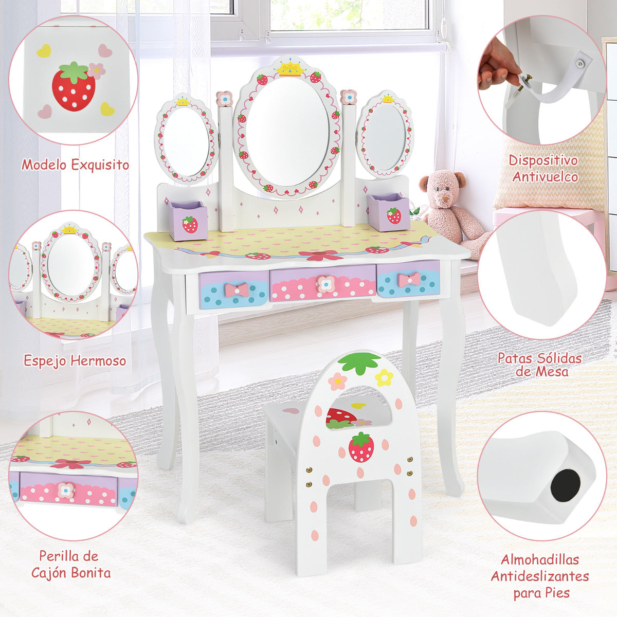 Set Tocador con Espejo Tripartido para Niños Set Mesa Tocador y Silla Taburete para Maquillaje con 3 Cajones Blanco