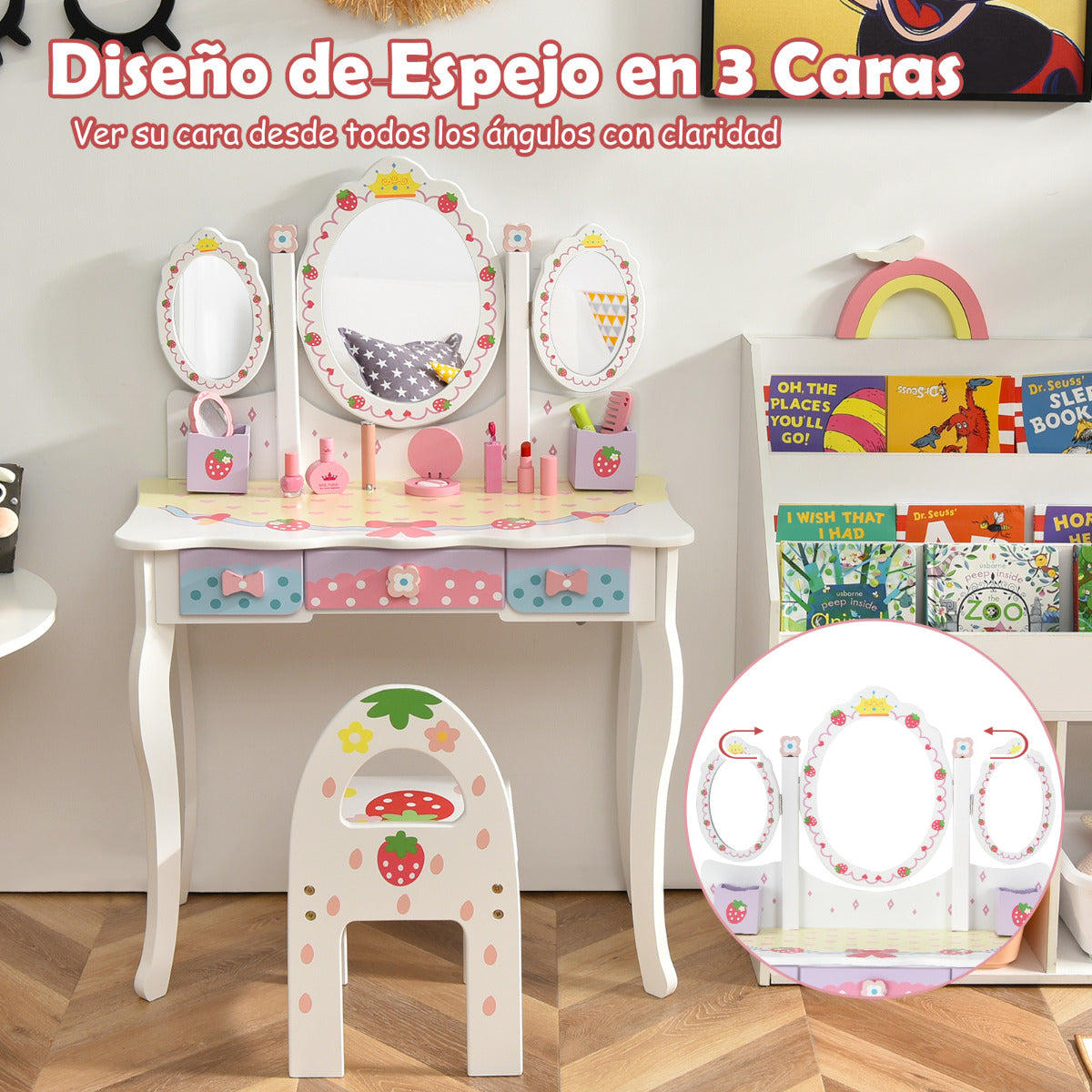 Set Tocador con Espejo Tripartido para Niños Set Mesa Tocador y Silla Taburete para Maquillaje con 3 Cajones Blanco