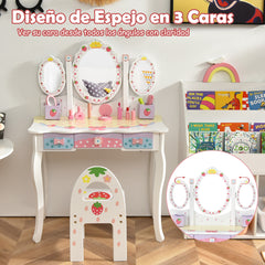 Set Tocador con Espejo Tripartido para Niños Set Mesa Tocador y Silla Taburete para Maquillaje con 3 Cajones Blanco
