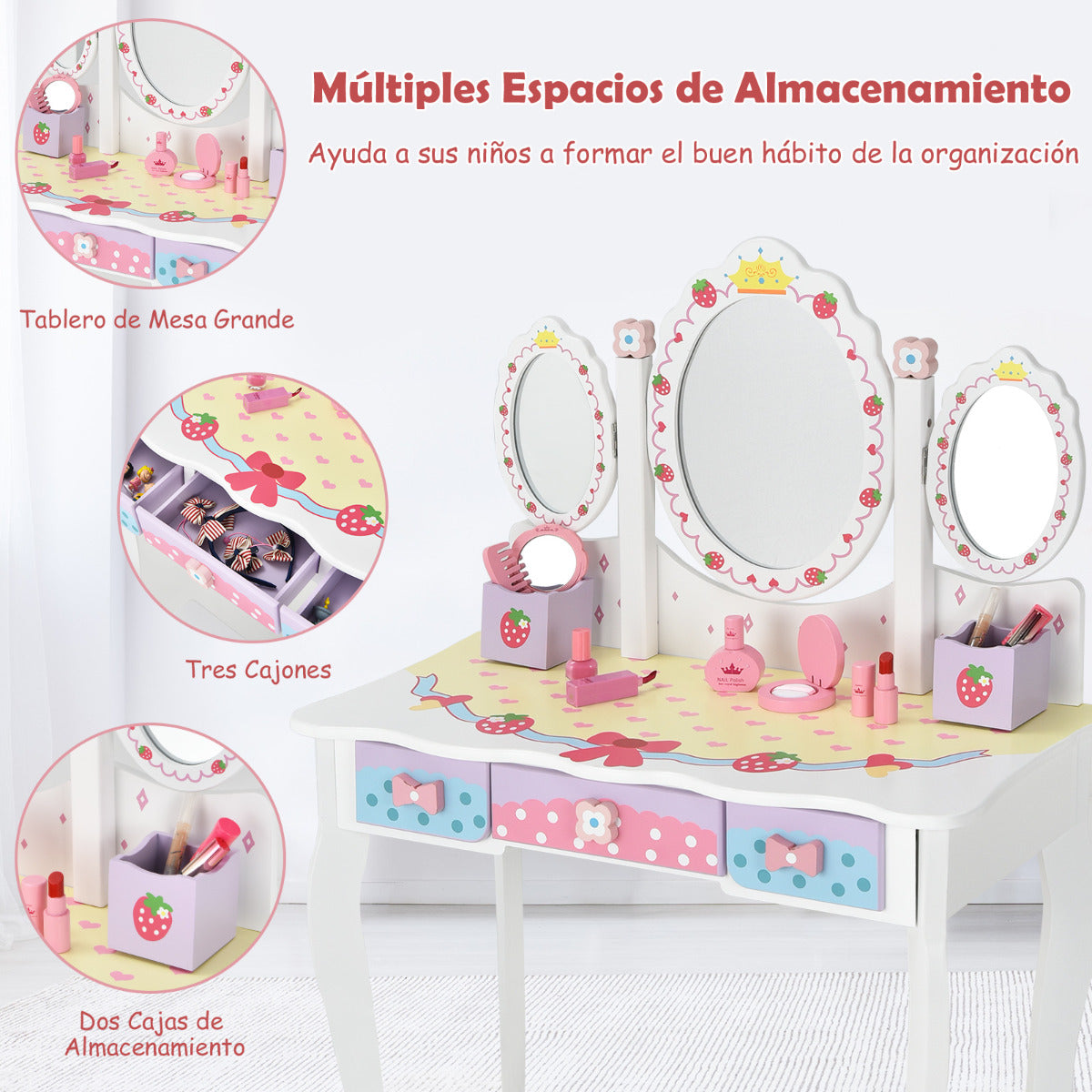 Set Tocador con Espejo Tripartido para Niños Set Mesa Tocador y Silla Taburete para Maquillaje con 3 Cajones Blanco