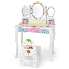 Set Tocador con Espejo Tripartido para Niños Set Mesa Tocador y Silla Taburete para Maquillaje con 3 Cajones Blanco