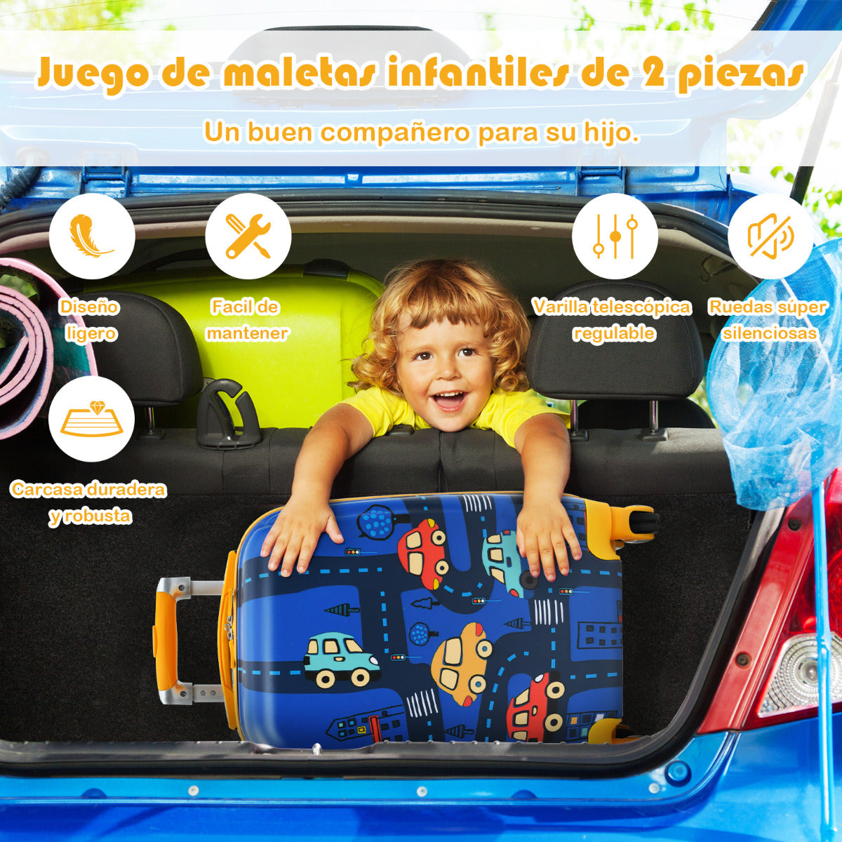 Set 2 Maletas para Niños Mochila 24 cm con Mango Retráctil y Maleta 32 cm con Ruedas Equipaje de Viaje Azul