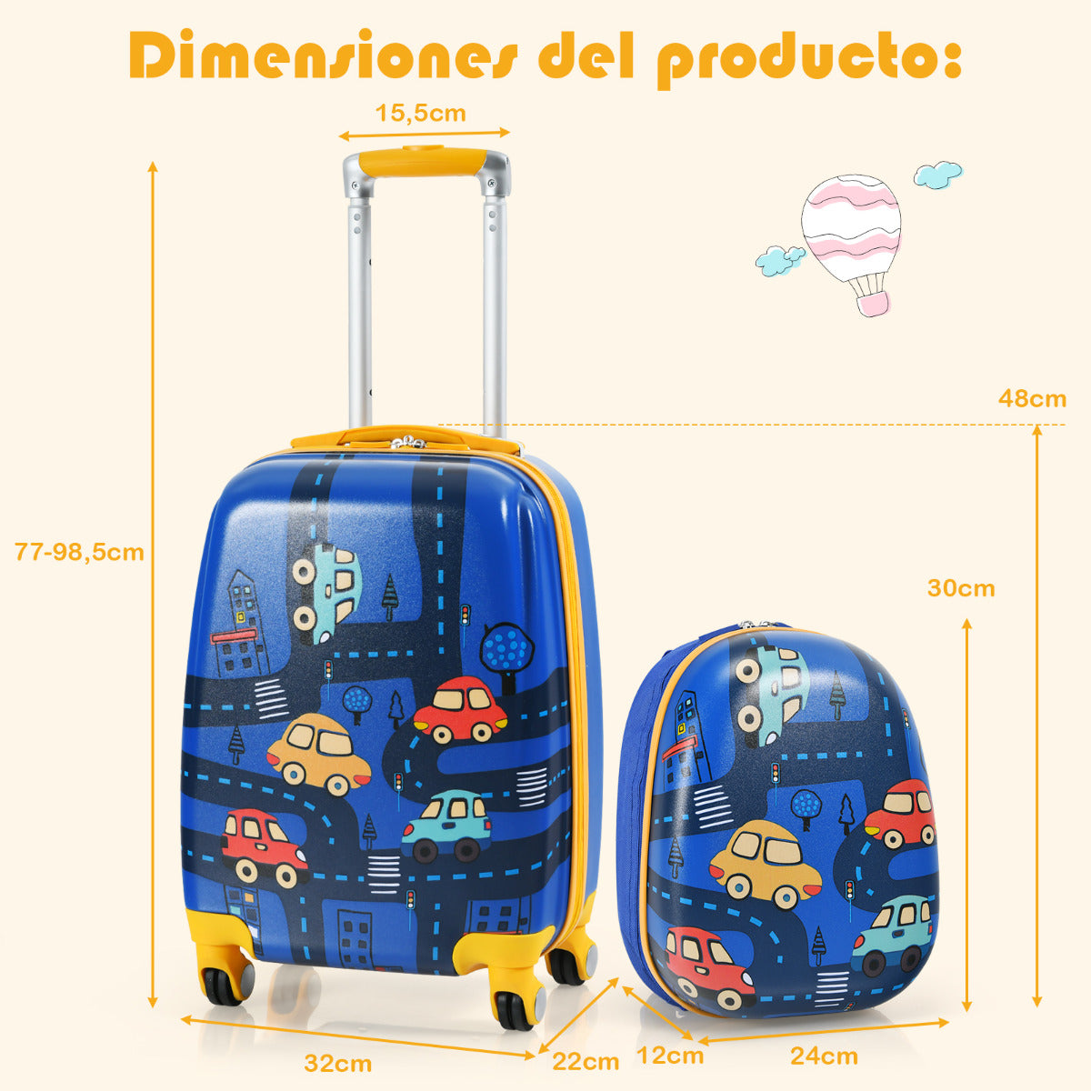 Set 2 Maletas para Niños Mochila 24 cm con Mango Retráctil y Maleta 32 cm con Ruedas Equipaje de Viaje Azul