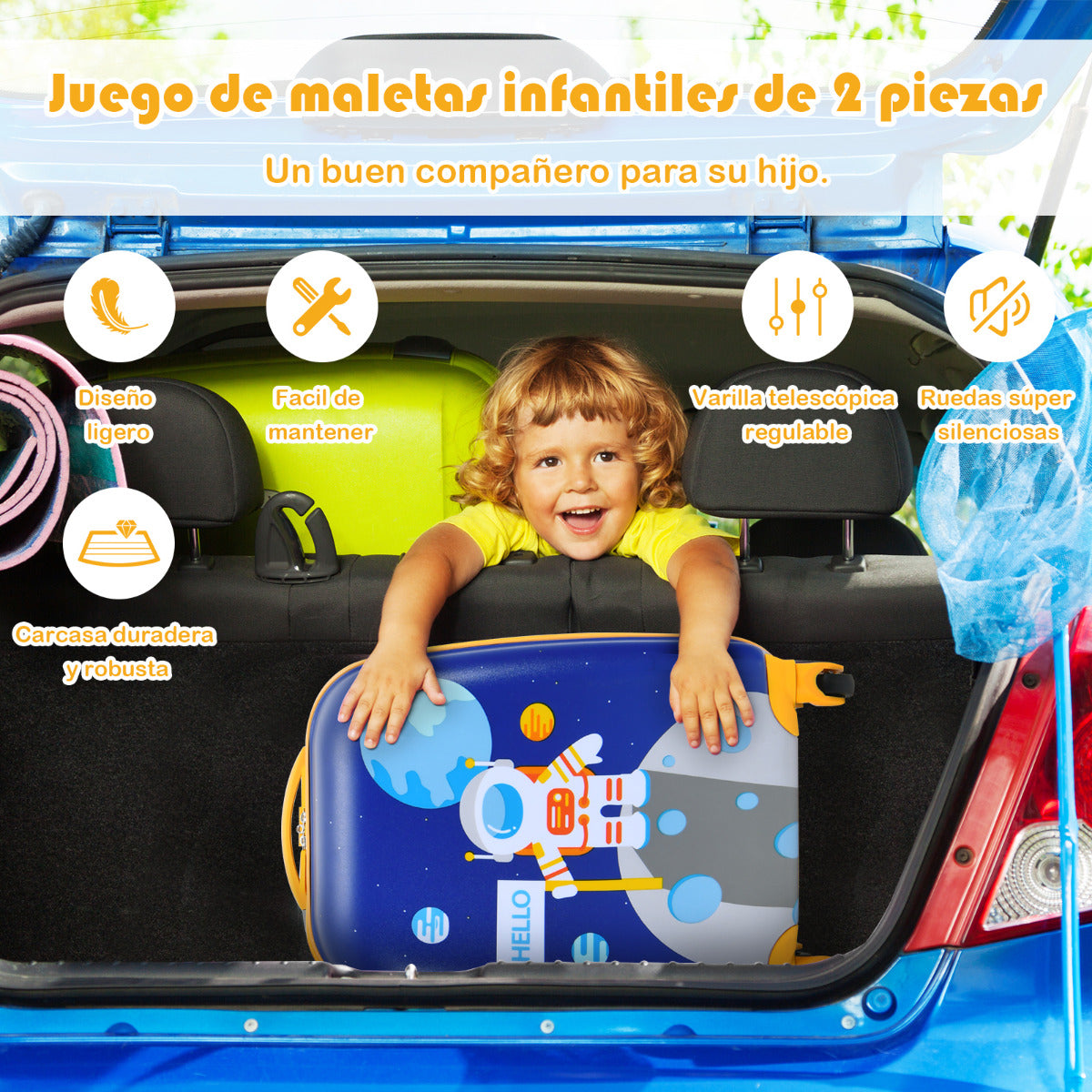 Juego de Maleta y Mochila para Niños Mochila 24 cm con Mango Retráctil Maleta 27 cm con Ruedas Set Equipaje de Viaje Azul