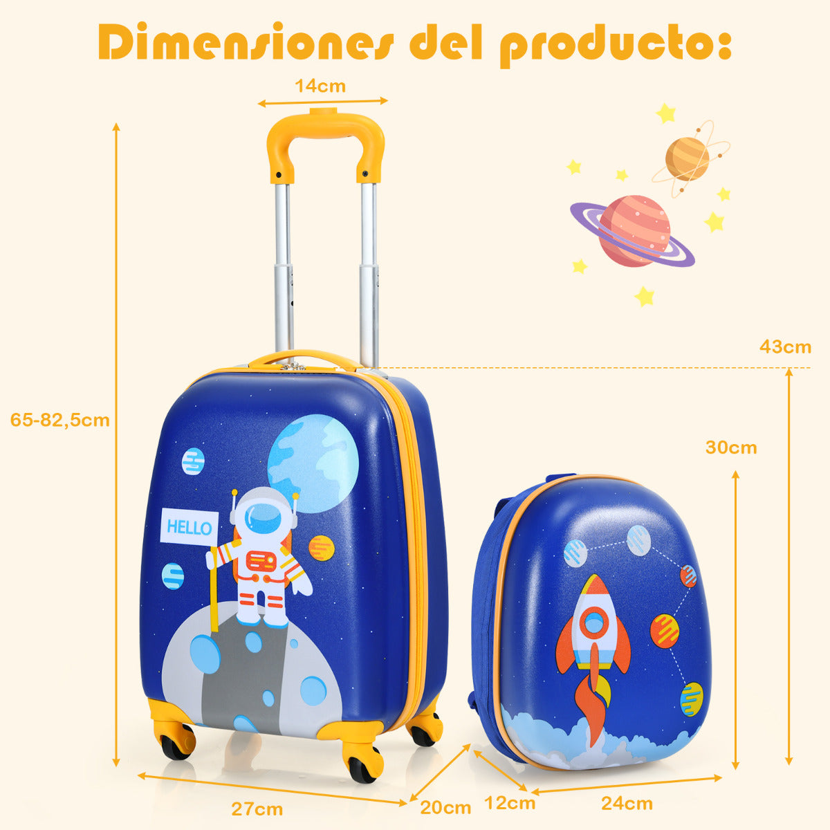 Juego de Maleta y Mochila para Niños Mochila 24 cm con Mango Retráctil Maleta 27 cm con Ruedas Set Equipaje de Viaje Azul