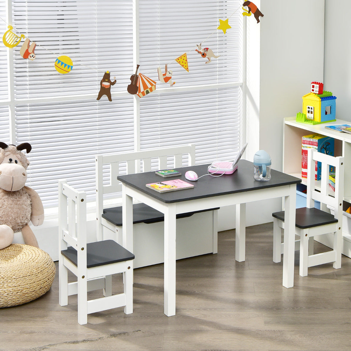 Set 4 Piezas Mesa y Sillas para Niños Juego Mesa Actividad de Madera 2 en 1 con 2 Sillas y 1 Banco para Jugar Dibujar Leer Comer Gris