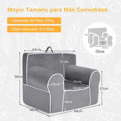 Sillón Infantil Relleno de Espuma Tapizado con Tela de Terciopelo y Relleno de Esponja Pequeños de 0-5 Años 68 x 46 x 50 cm Gris