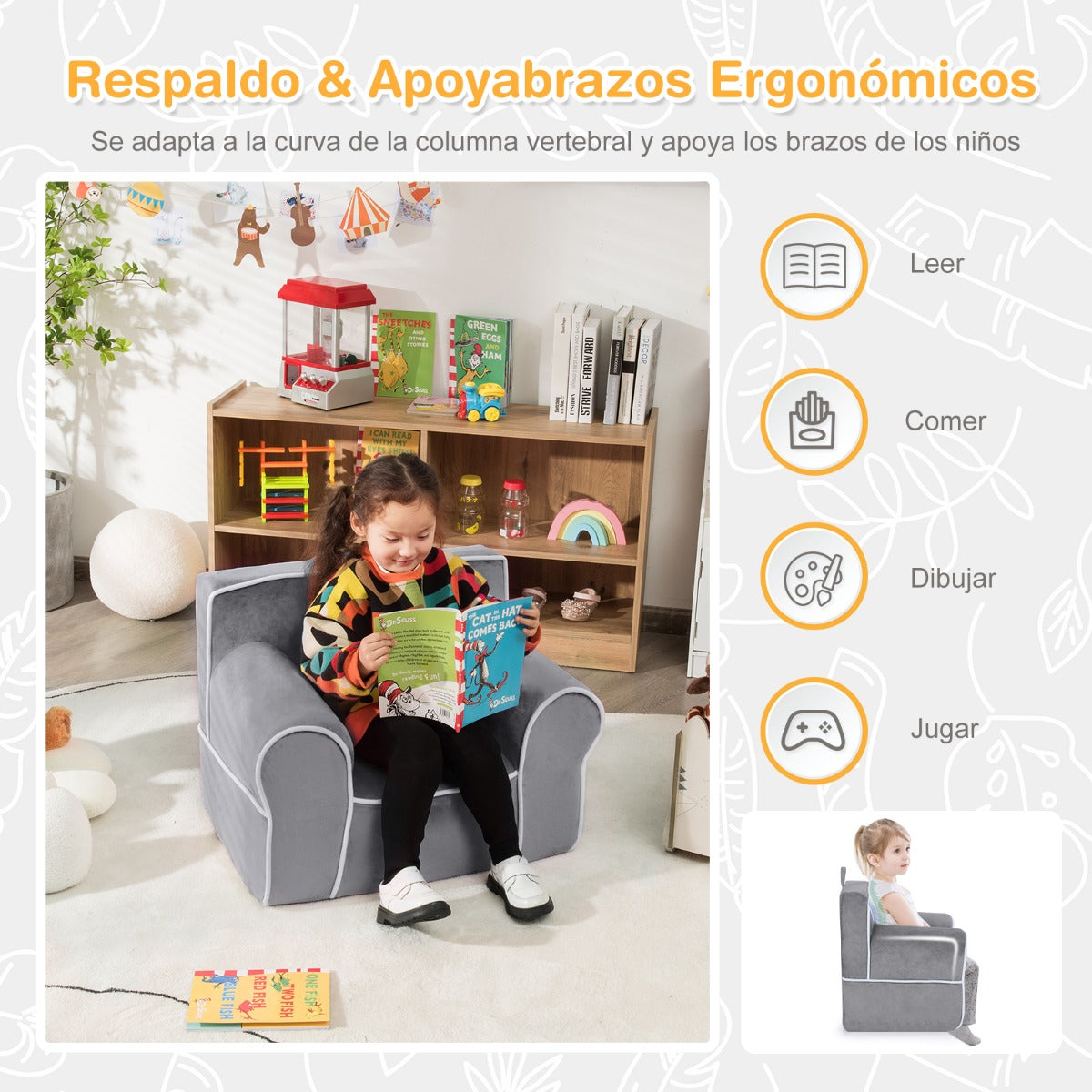 Sillón Infantil Relleno de Espuma Tapizado con Tela de Terciopelo y Relleno de Esponja Pequeños de 0-5 Años 68 x 46 x 50 cm Gris
