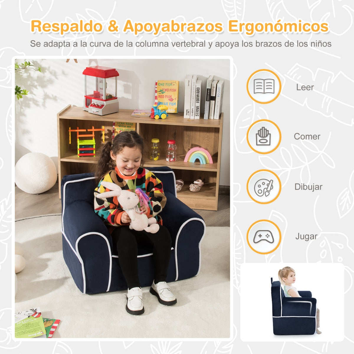 Sillón Infantil Relleno de Espuma Tapizado con Tela de Terciopelo y Relleno de Esponja Pequeños de 0-5 Años 68 x 46 x 50 cm Azul Marino