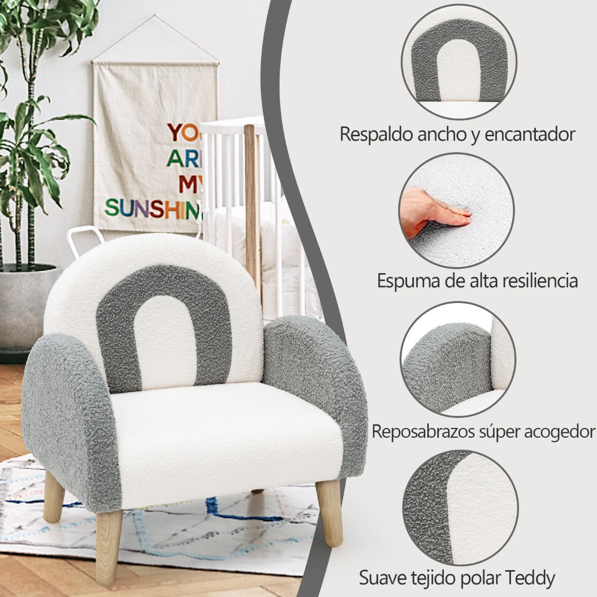 Sillón Infantil con Tela de Felpa Suave Espuma de Alta Elasticidad Patas de Madera Sillón Tapizado para Niños 51 x 42 x 51 cm Gris