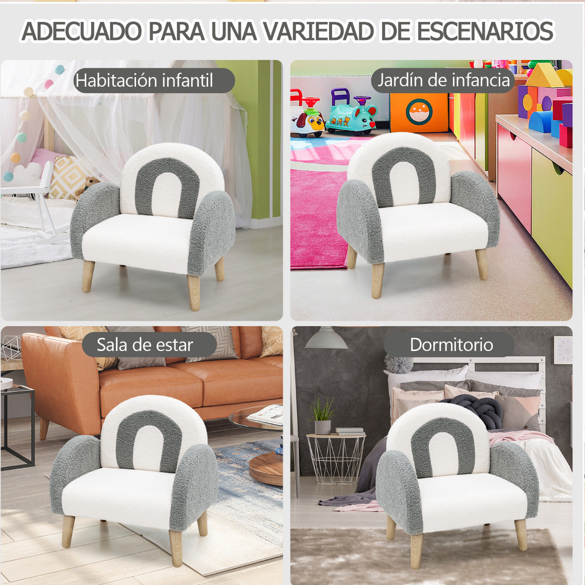 Sillón Infantil con Tela de Felpa Suave Espuma de Alta Elasticidad Patas de Madera Sillón Tapizado para Niños 51 x 42 x 51 cm Gris