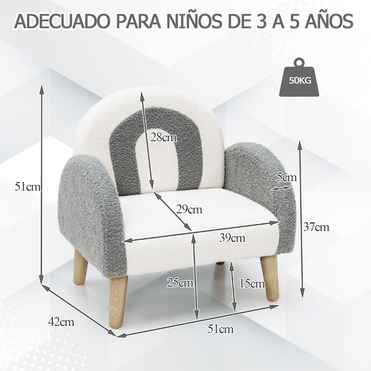 Sillón Infantil con Tela de Felpa Suave Espuma de Alta Elasticidad Patas de Madera Sillón Tapizado para Niños 51 x 42 x 51 cm Gris