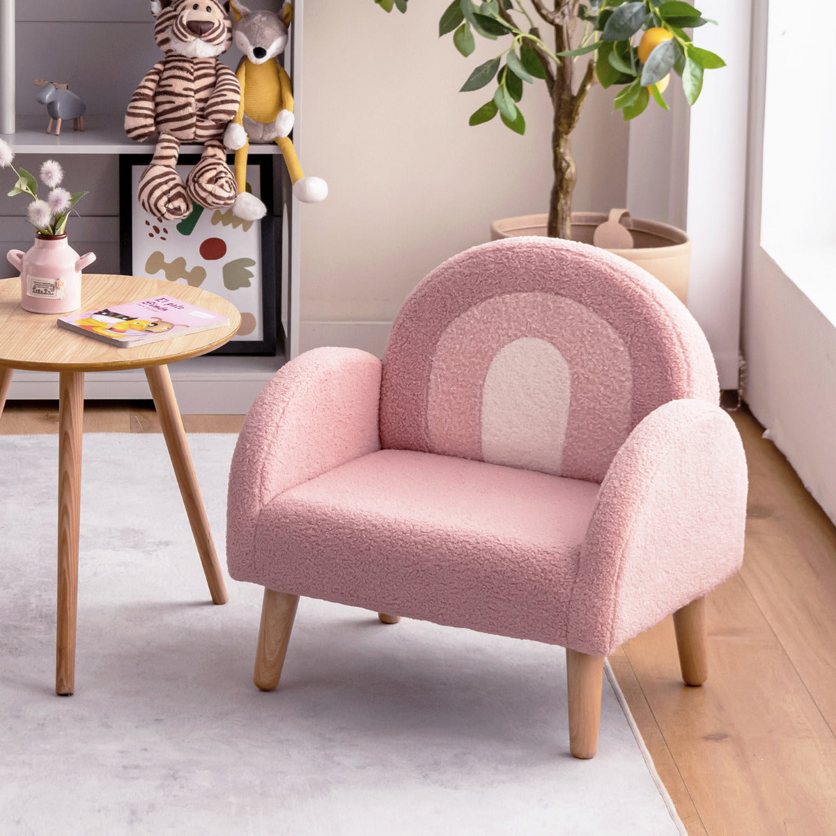 Sillón Infantil con Tela de Felpa Suave Espuma de Alta Elasticidad Patas de Madera Sillón Tapizado para Niños 51 x 42 x 51 cm Rosa