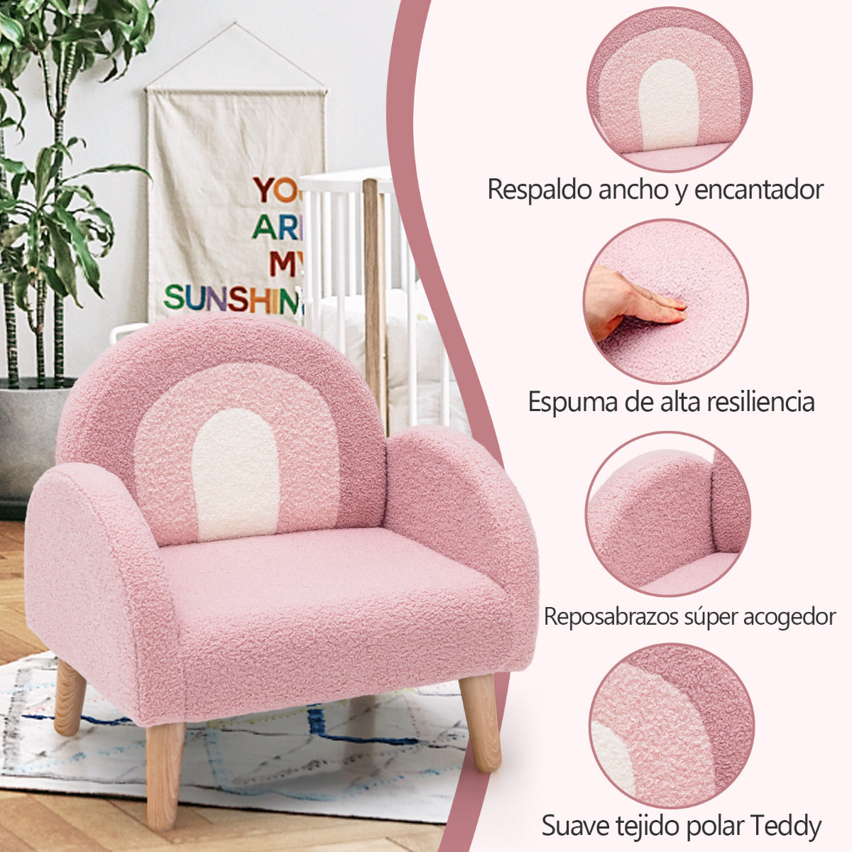 Sillón Infantil con Tela de Felpa Suave Espuma de Alta Elasticidad Patas de Madera Sillón Tapizado para Niños 51 x 42 x 51 cm Rosa