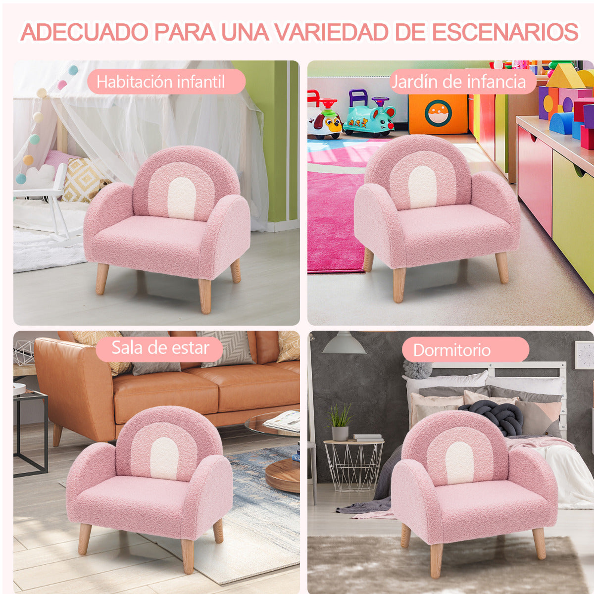 Sillón Infantil con Tela de Felpa Suave Espuma de Alta Elasticidad Patas de Madera Sillón Tapizado para Niños 51 x 42 x 51 cm Rosa