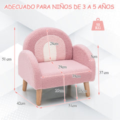 Sillón Infantil con Tela de Felpa Suave Espuma de Alta Elasticidad Patas de Madera Sillón Tapizado para Niños 51 x 42 x 51 cm Rosa