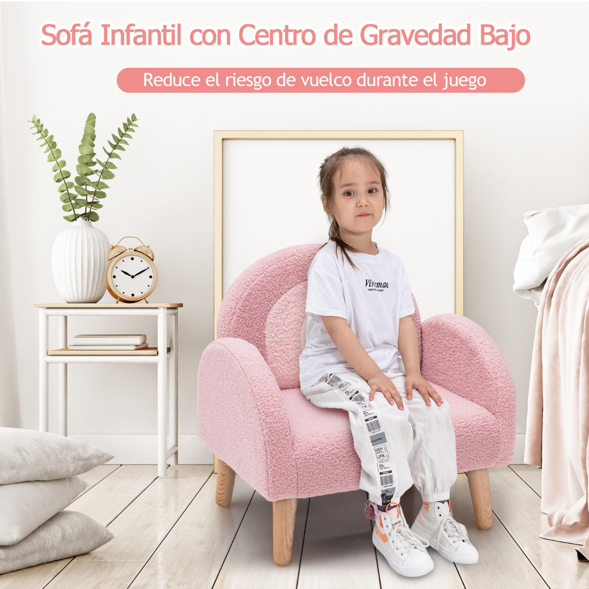 Sillón Infantil con Tela de Felpa Suave Espuma de Alta Elasticidad Patas de Madera Sillón Tapizado para Niños 51 x 42 x 51 cm Rosa