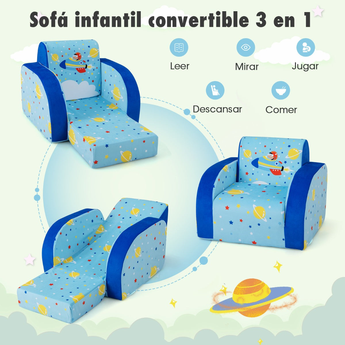 Sillones Infantiles Convertible 3 en 1 para Niños 0-4 Años Sofá Cama con Asiento Acolchado de Espuma Tela Terciopelo 92 x 47,5 x 40 cm Azul