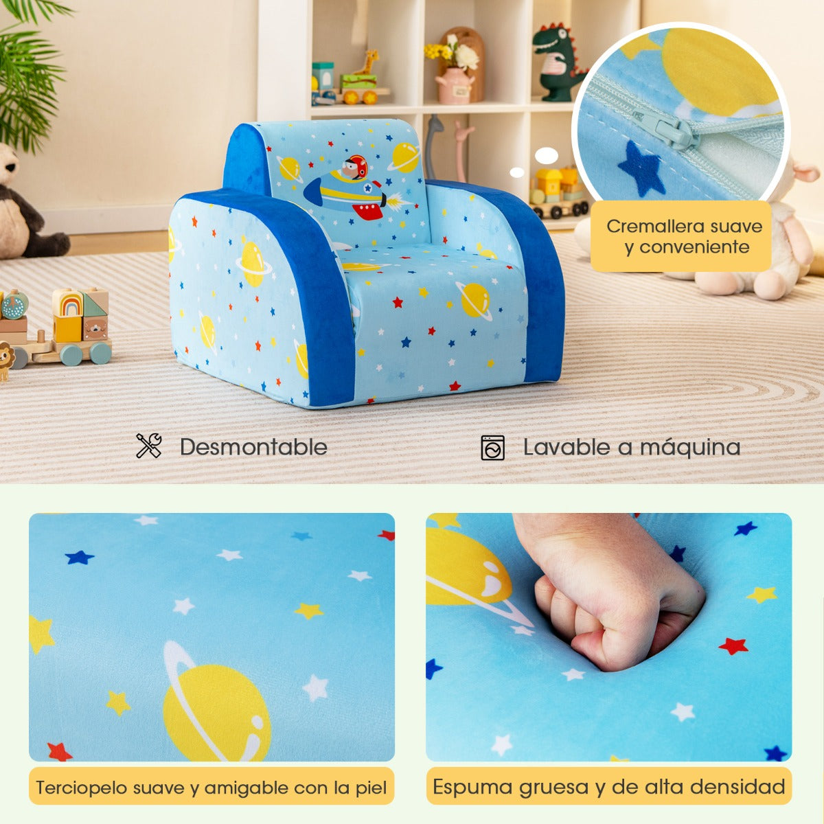 Sillones Infantiles Convertible 3 en 1 para Niños 0-4 Años Sofá Cama con Asiento Acolchado de Espuma Tela Terciopelo 92 x 47,5 x 40 cm Azul