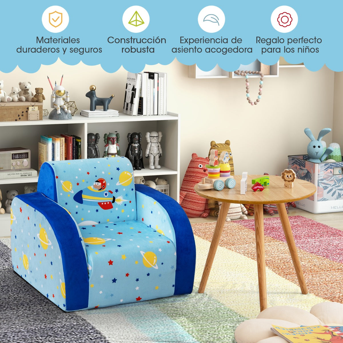 Sillones Infantiles Convertible 3 en 1 para Niños 0-4 Años Sofá Cama con Asiento Acolchado de Espuma Tela Terciopelo 92 x 47,5 x 40 cm Azul