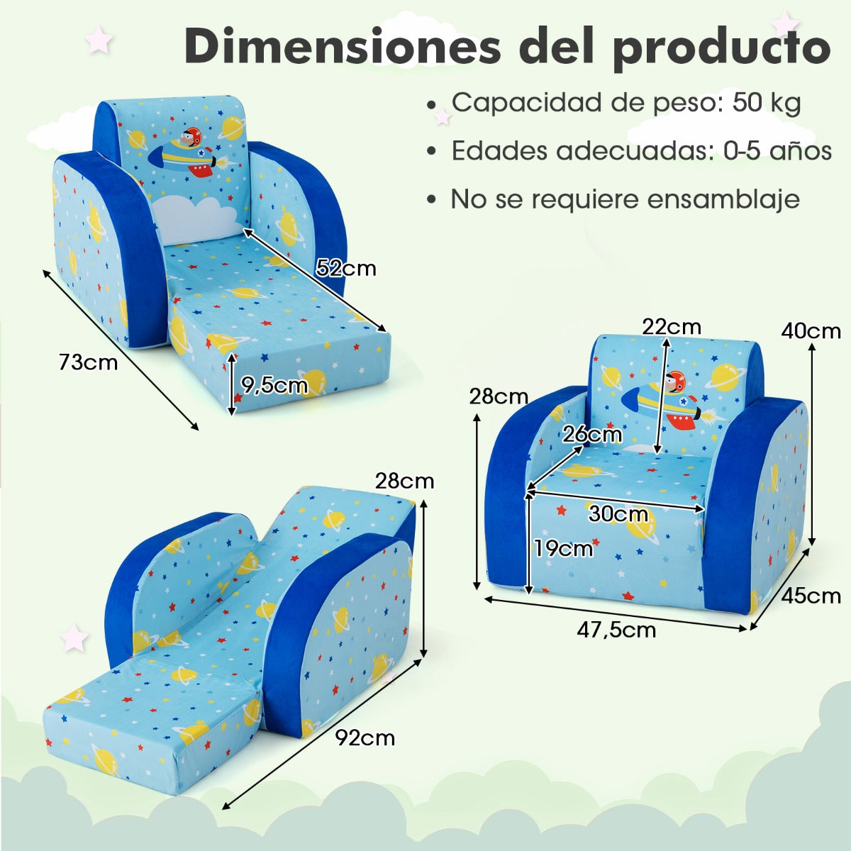 Sillones Infantiles Convertible 3 en 1 para Niños 0-4 Años Sofá Cama con Asiento Acolchado de Espuma Tela Terciopelo 92 x 47,5 x 40 cm Azul