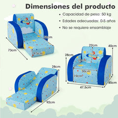 Sillones Infantiles Convertible 3 en 1 para Niños 0-4 Años Sofá Cama con Asiento Acolchado de Espuma Tela Terciopelo 92 x 47,5 x 40 cm Azul