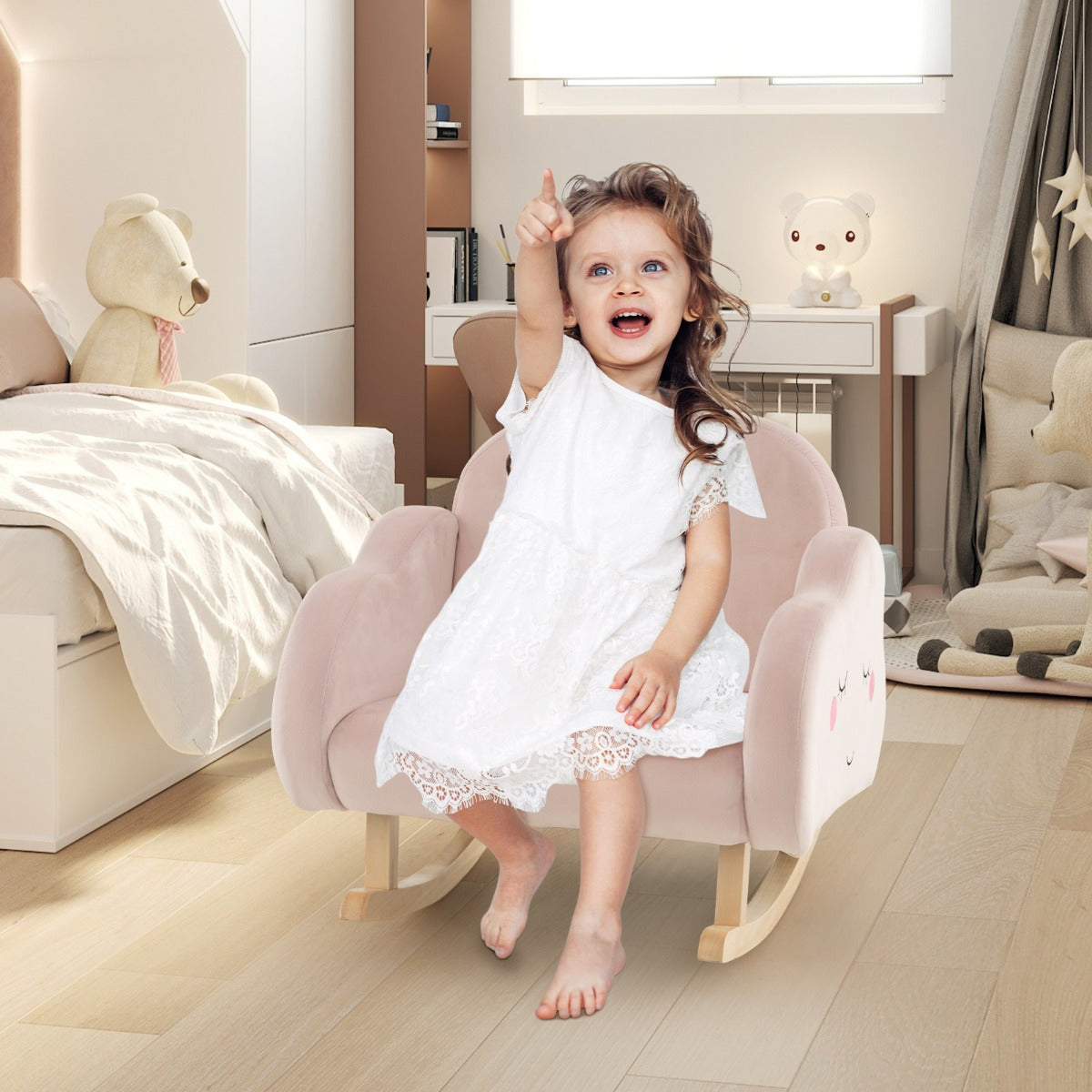 Silla Mecedora para Niños Sillón Infantil Tapizado con Patas de Madera Maciza Almohadillas Antideslizantes en Sala 52 x 50 x 47 cm Rosa