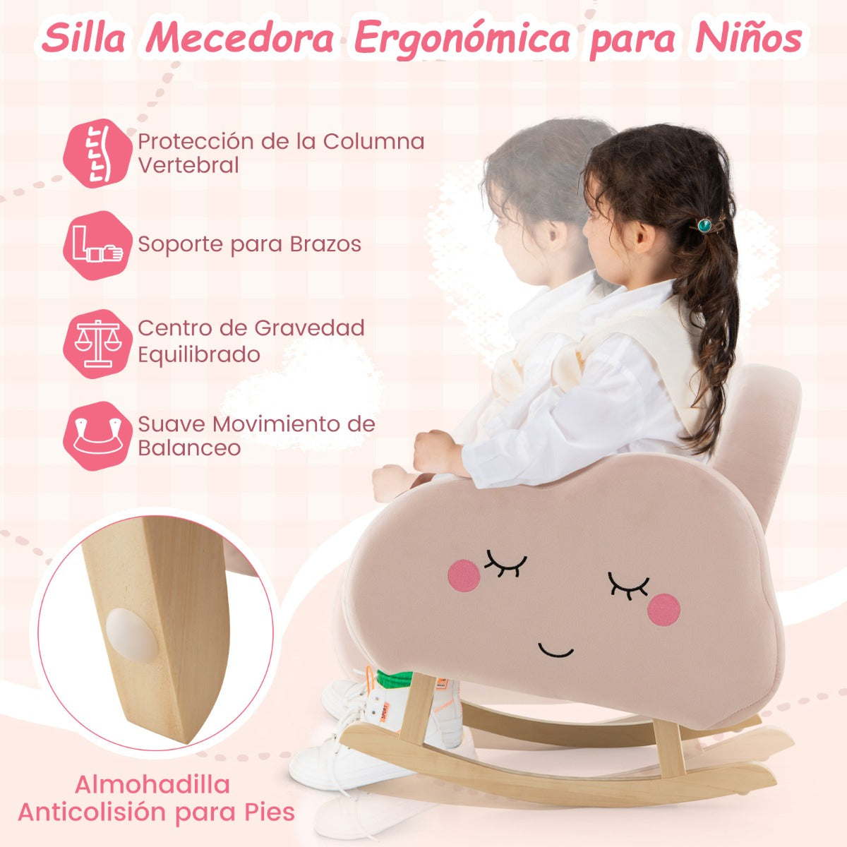 Silla Mecedora para Niños Sillón Infantil Tapizado con Patas de Madera Maciza Almohadillas Antideslizantes en Sala 52 x 50 x 47 cm Rosa