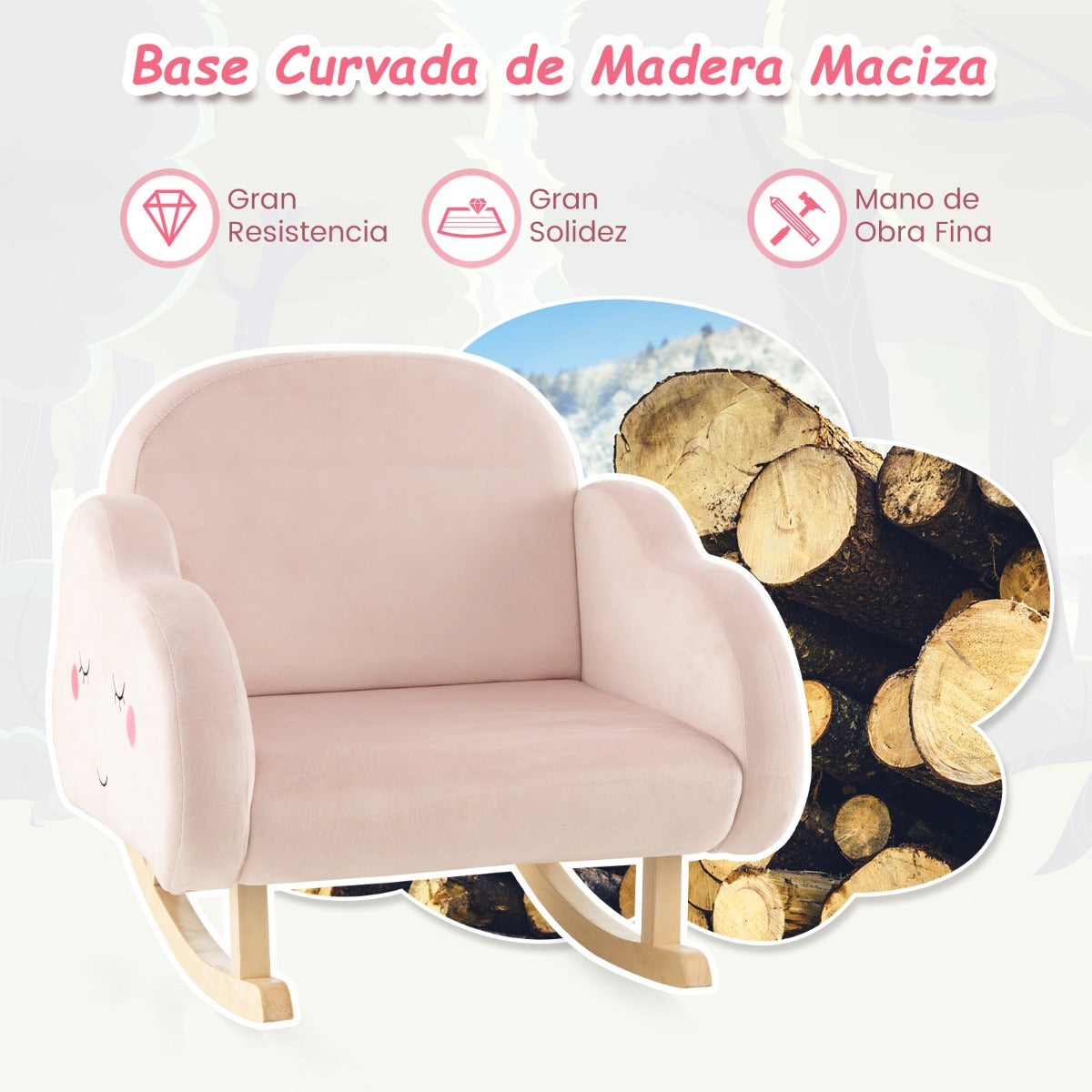Silla Mecedora para Niños Sillón Infantil Tapizado con Patas de Madera Maciza Almohadillas Antideslizantes en Sala 52 x 50 x 47 cm Rosa