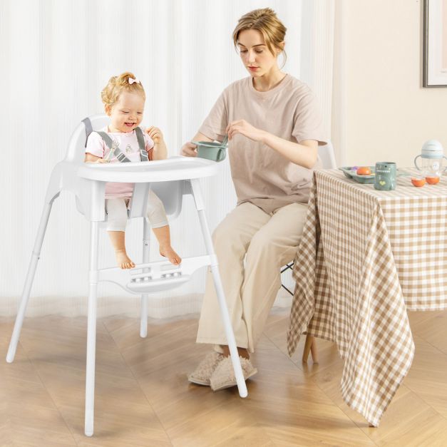 Silla Alta para Bebés y Niños Silla de Comedor Convertible 4 en 1 Silla de Piso con Bandeja Ajustable y Reposapiés Trona para Bebés Blanco