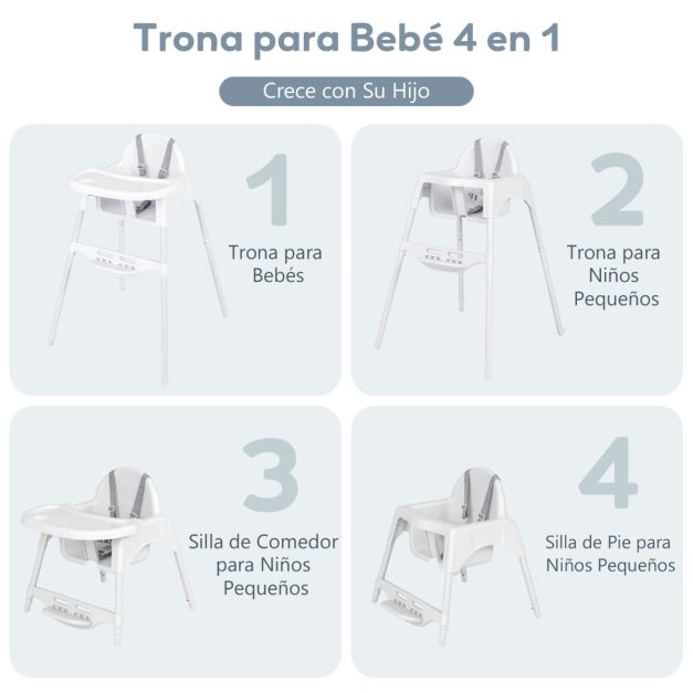 Silla Alta para Bebés y Niños Silla de Comedor Convertible 4 en 1 Silla de Piso con Bandeja Ajustable y Reposapiés Trona para Bebés Blanco