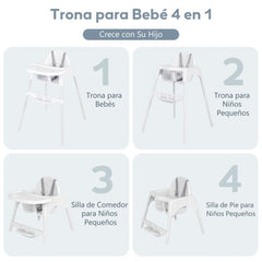 Silla Alta para Bebés y Niños Silla de Comedor Convertible 4 en 1 Silla de Piso con Bandeja Ajustable y Reposapiés Trona para Bebés Blanco