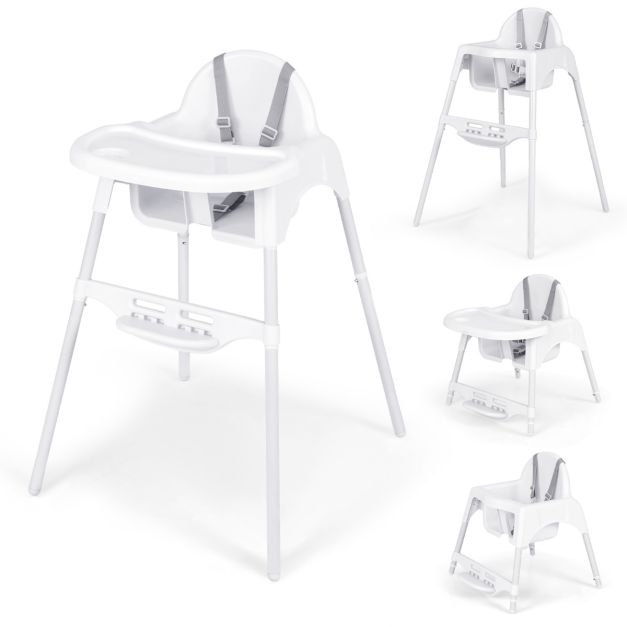 Silla Alta para Bebés y Niños Silla de Comedor Convertible 4 en 1 Silla de Piso con Bandeja Ajustable y Reposapiés Trona para Bebés Blanco