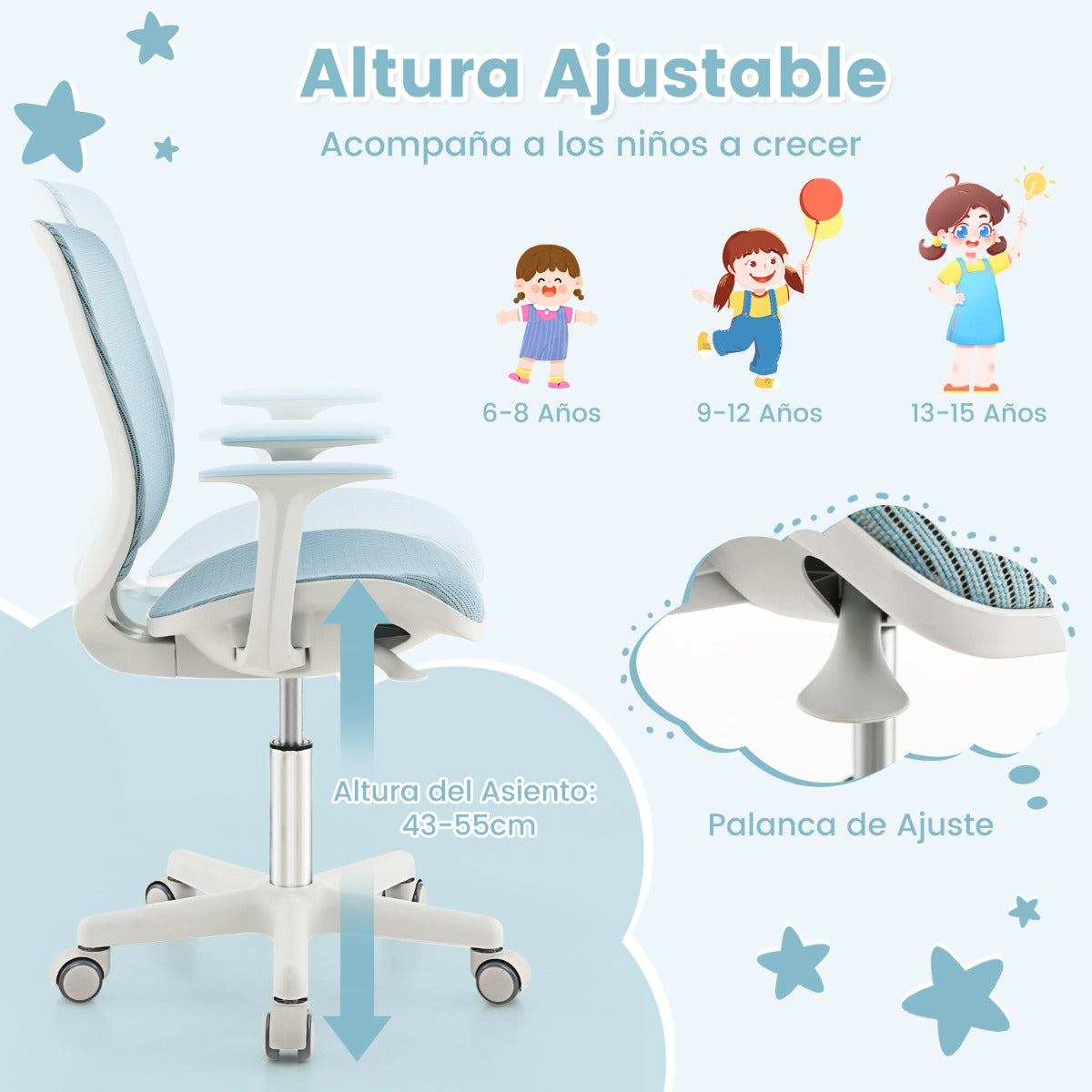Silla Giratoria De Escritorio Para Niños Con Altura Ajustable Ruedas Con Freno Reposabrazos Lisos 57 x 57 x 80-92 cm-Azul