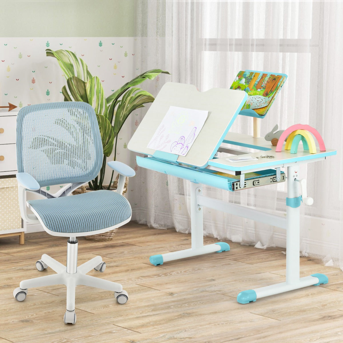 Silla Giratoria De Escritorio Para Niños Con Altura Ajustable Ruedas Con Freno Reposabrazos Lisos 57 x 57 x 80-92 cm-Azul