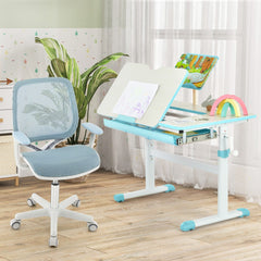 Silla Giratoria De Escritorio Para Niños Con Altura Ajustable Ruedas Con Freno Reposabrazos Lisos 57 x 57 x 80-92 cm-Azul