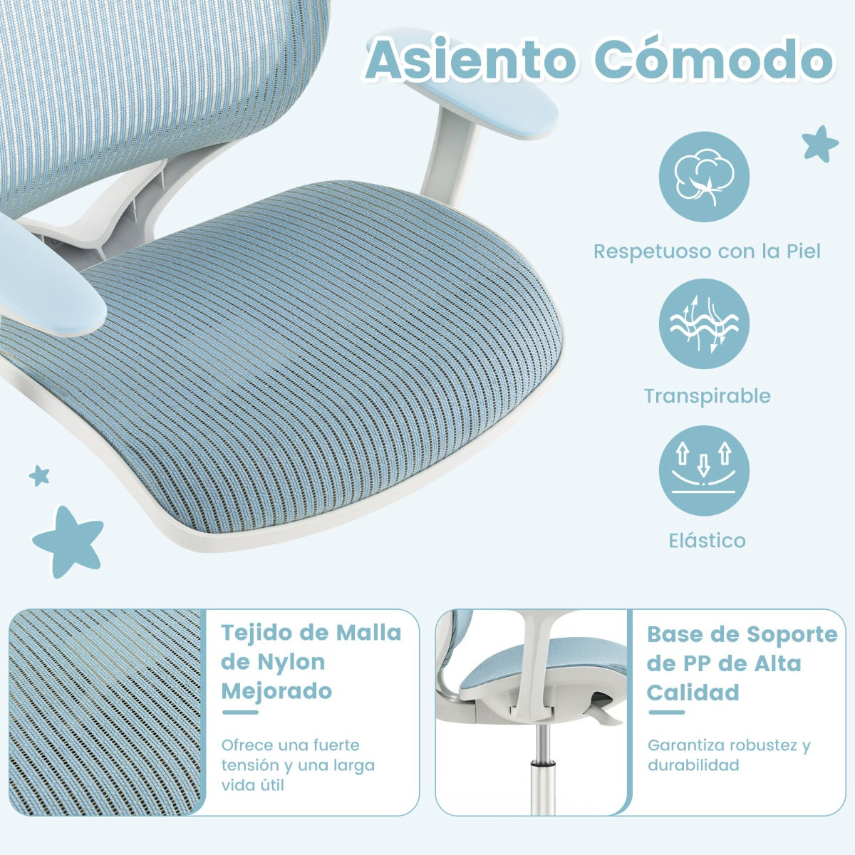 Silla Giratoria De Escritorio Para Niños Con Altura Ajustable Ruedas Con Freno Reposabrazos Lisos 57 x 57 x 80-92 cm-Azul